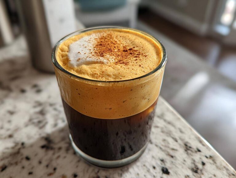 Close-up of a glass filled with pumpkin cream cold brew, showing dark coffee below and thick orange foam topped with cinnamon.