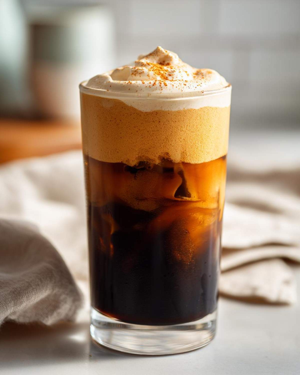 Close-up of a tall glass of pumpkin cream cold brew with rich dark coffee and thick orange foam topped with whipped cream and spice.