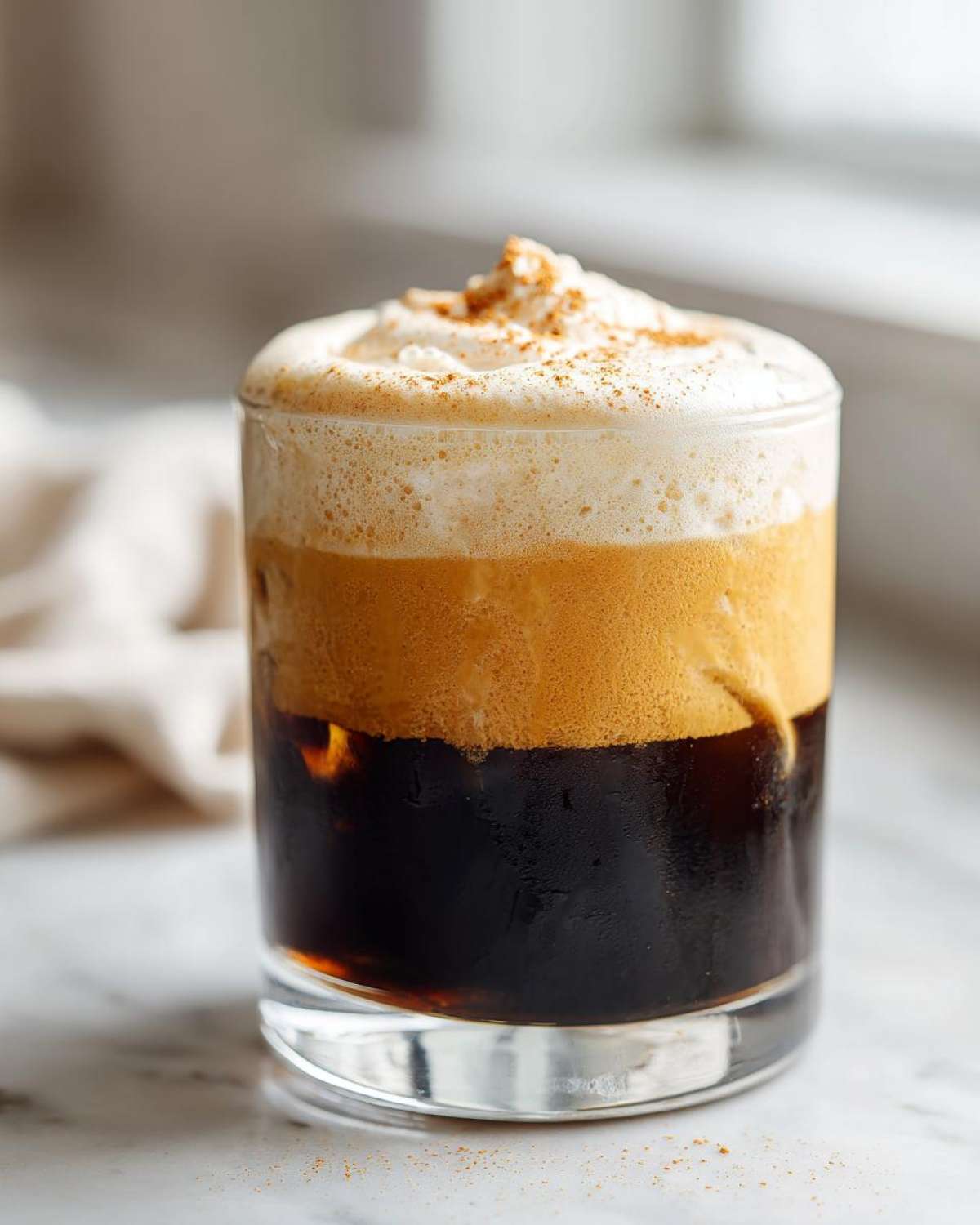 Close-up of a layered pumpkin cream cold brew showing dark coffee, orange pumpkin layer, and frothy topping dusted with spice.