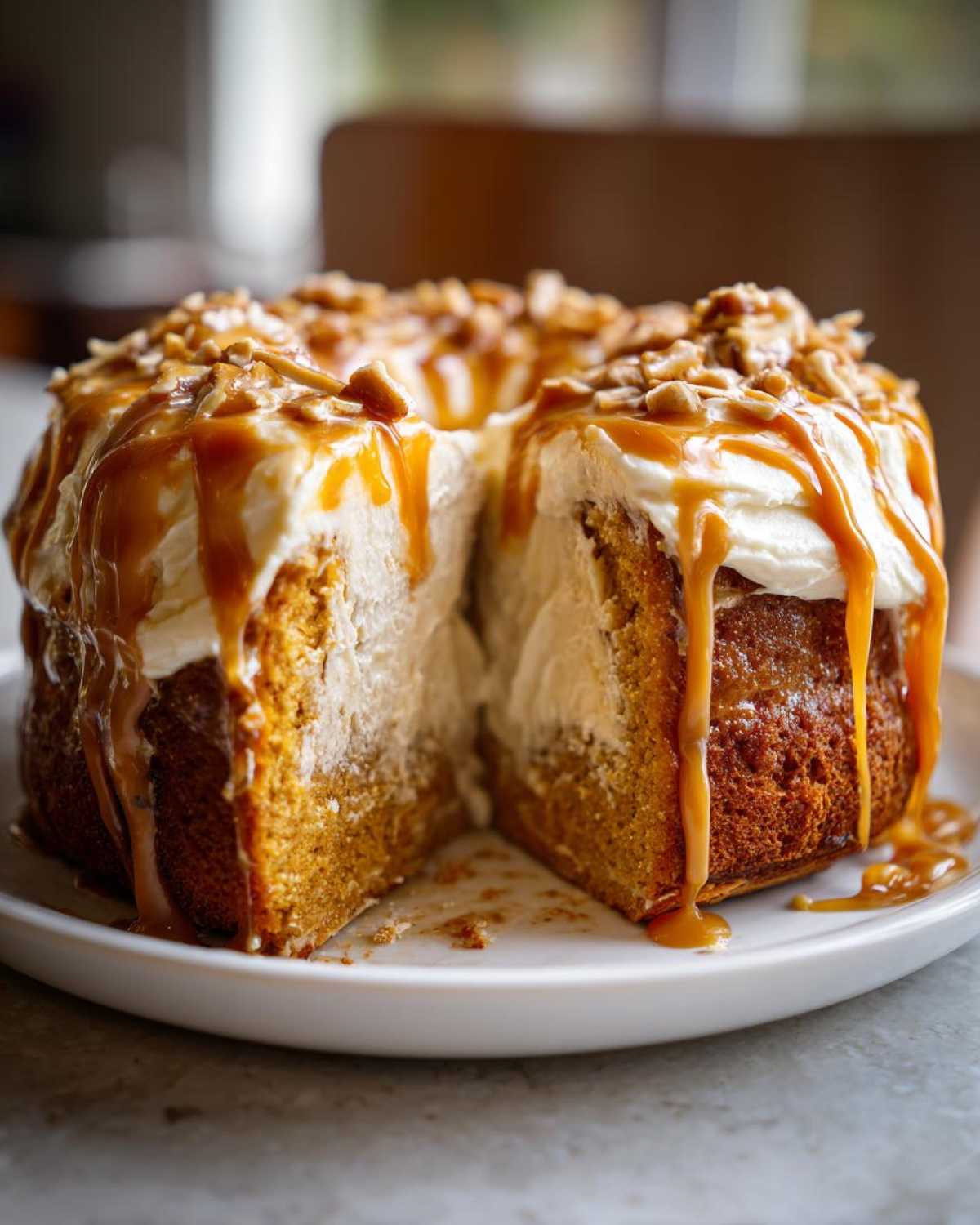 A slice removed from a rich pumpkin poke cake topped with cream cheese frosting, caramel drizzle, and chopped nuts.