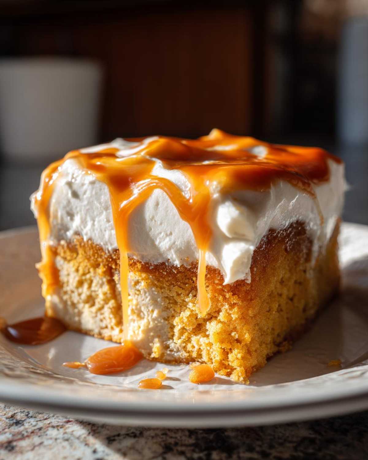 A square slice of moist pumpkin poke cake topped with white frosting and dripping with rich caramel sauce.