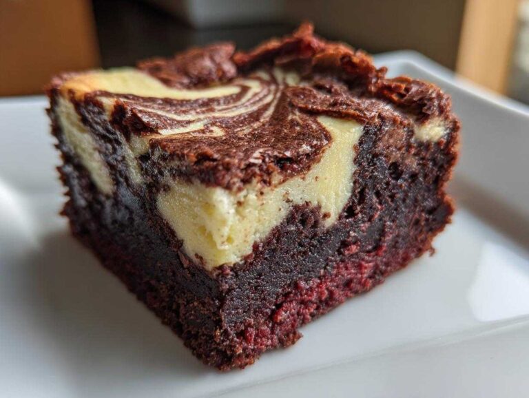 Close-up of a moist, dark red velvet cheesecake brownies square with a creamy cheesecake swirl on top.