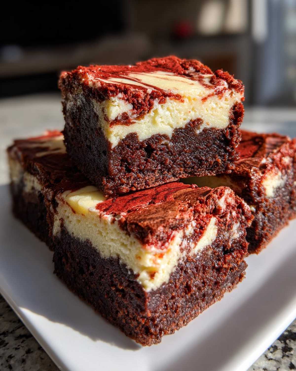 A stack of three rich red velvet cheesecake brownies showing the dark chocolate base and creamy white swirl topping.