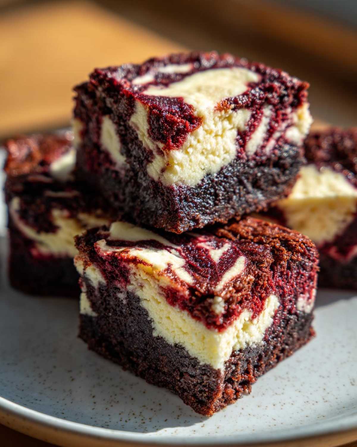 Close-up of stacked red velvet cheesecake brownies showing rich red color and cream cheese swirl.