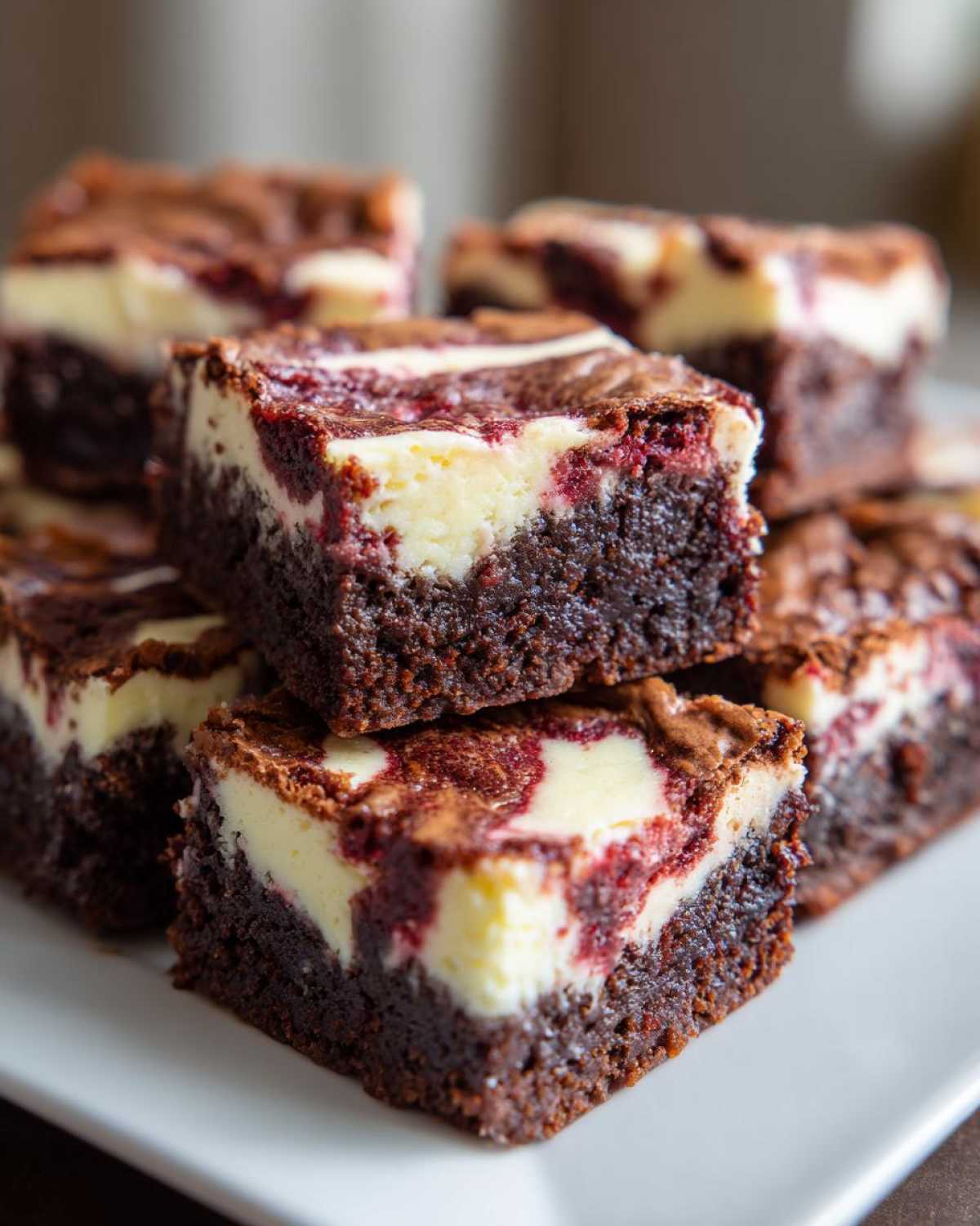 A stack of rich, fudgy red velvet cheesecake brownies with marbled cream cheese topping.