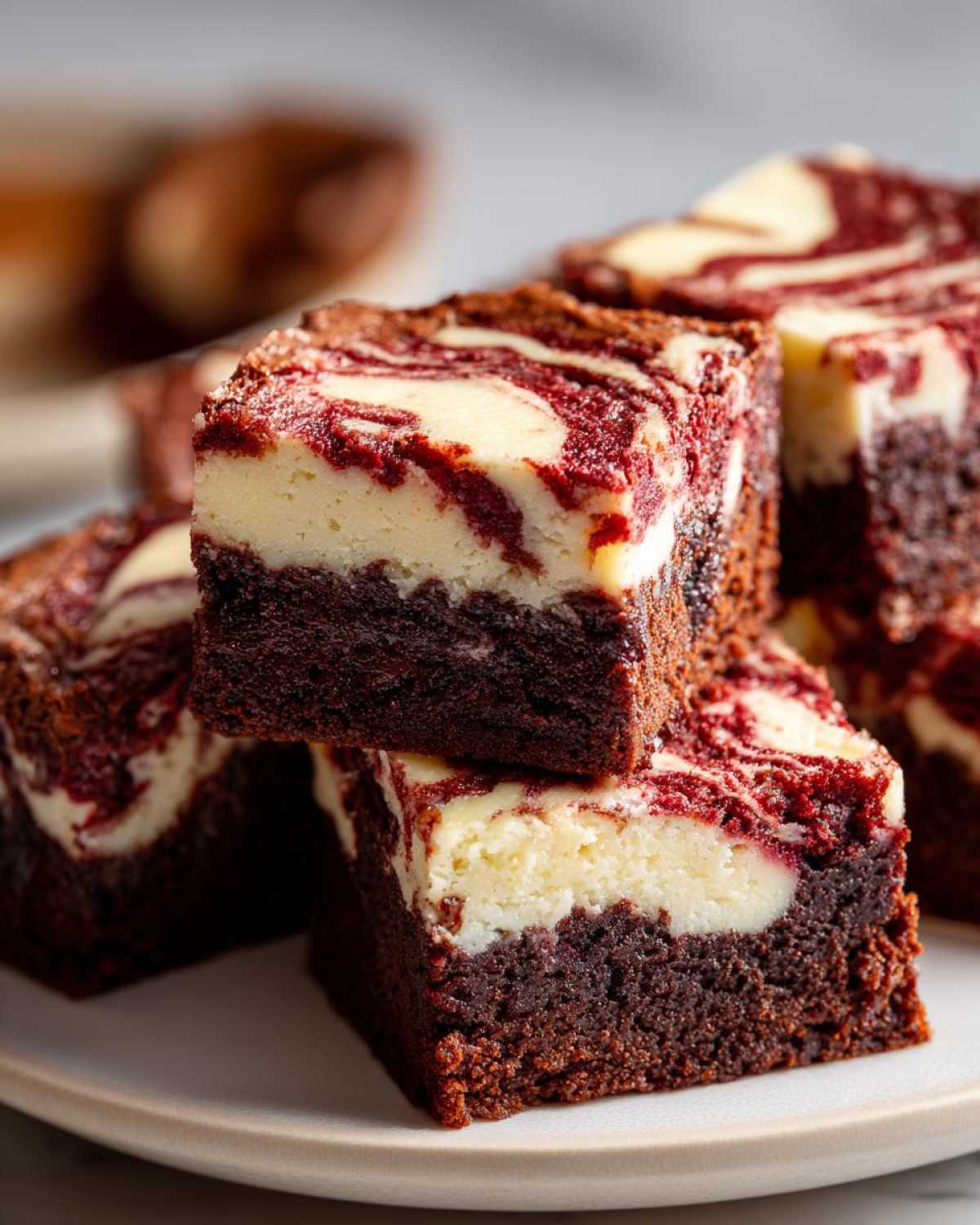 Close-up of stacked red velvet cheesecake brownies showing rich dark brownie base and swirled cream cheese topping.