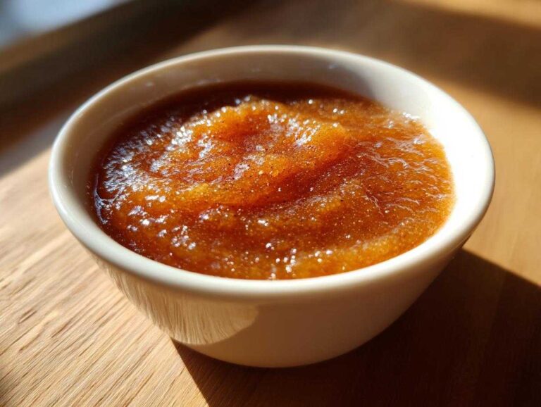 Close-up of rich, brown homemade applesauce served in a small white bowl, highlighted by sunlight.