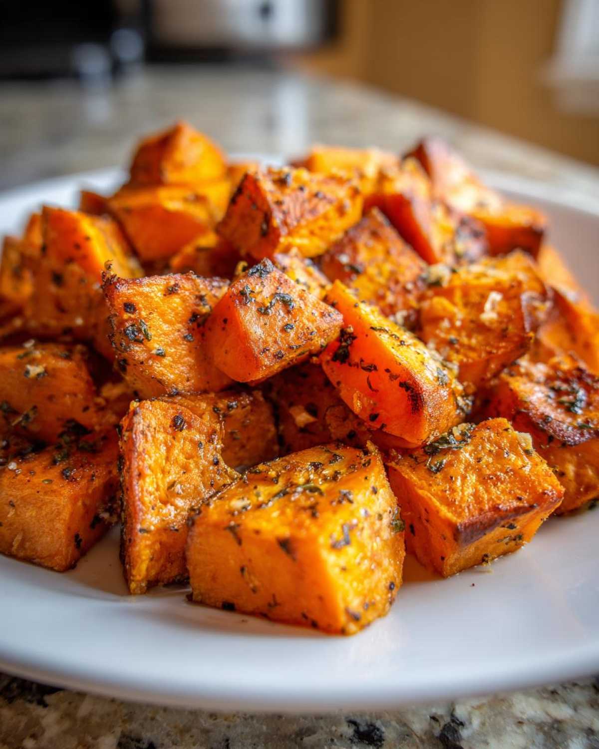 Close-up of perfectly seasoned and caramelized roasted sweet potatoes cubes served on a white plate.