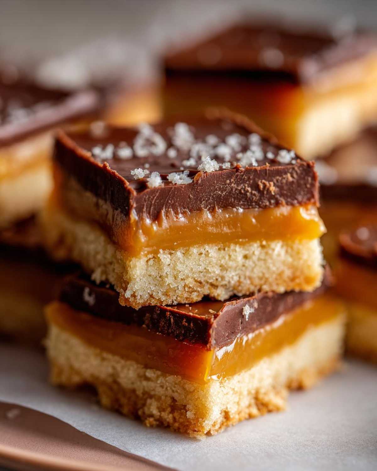 Close-up of stacked twix cookies bars showing shortbread base, thick caramel layer, and chocolate topping with sea salt.