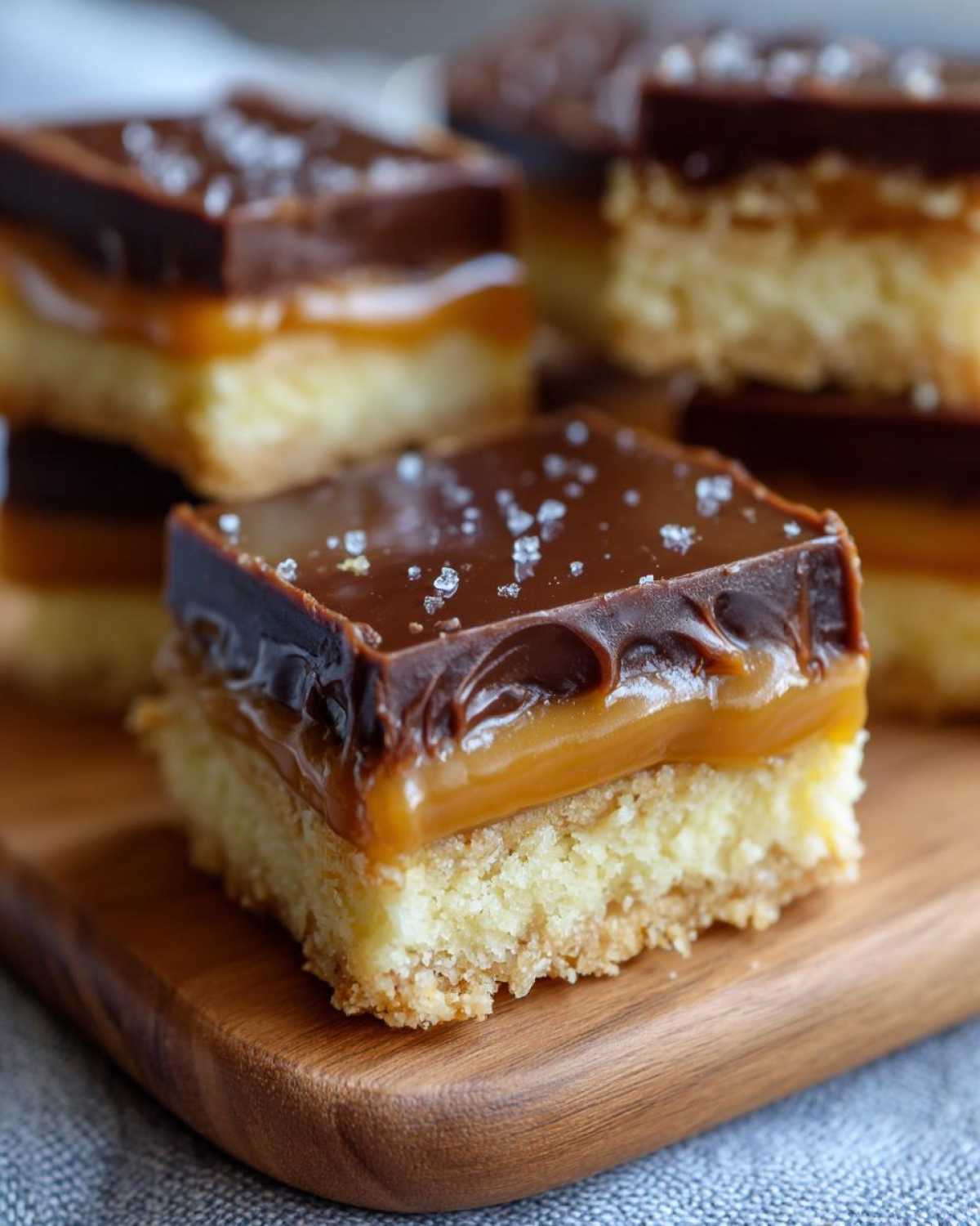 Close-up of three-layer twix cookies bars featuring a shortbread base, thick caramel, and chocolate topping sprinkled with sea salt.