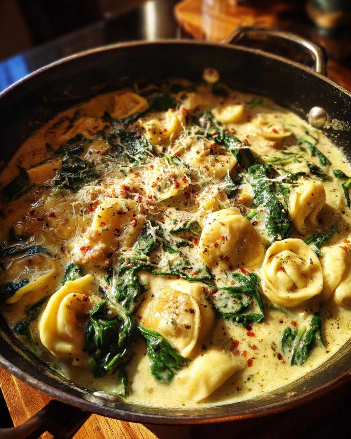 Close-up of creamy sausage tortellini soup with wilted spinach, topped with grated cheese and red pepper flakes.