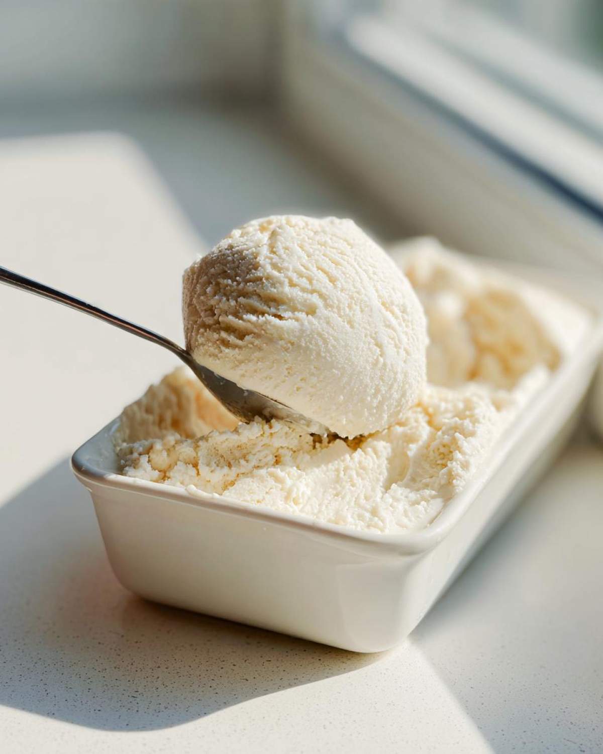 A metal spoon scoops a perfect ball of creamy cottage cheese ice cream from a white dish.