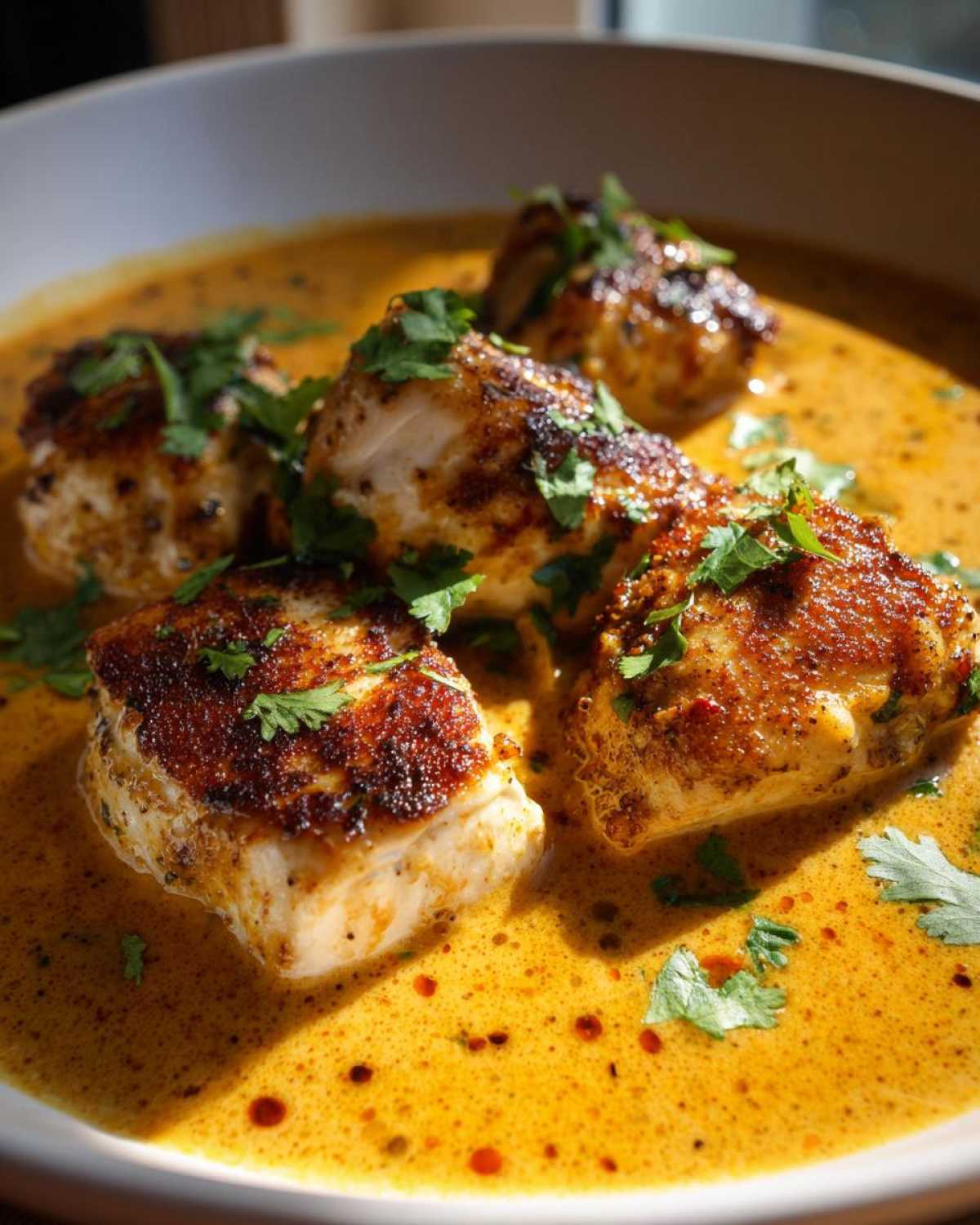 Close-up of seared chicken pieces swimming in a vibrant orange coconut lime chicken sauce, garnished with fresh cilantro.