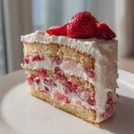 A perfect slice of 3-layer strawberry cake with whipped cream filling and fresh strawberries on top.