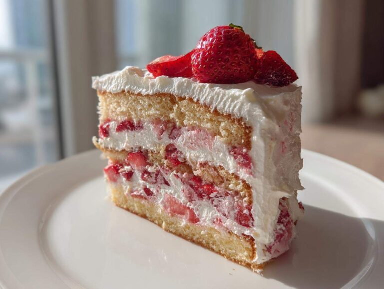 A perfect slice of 3-layer strawberry cake with whipped cream filling and fresh strawberries on top.