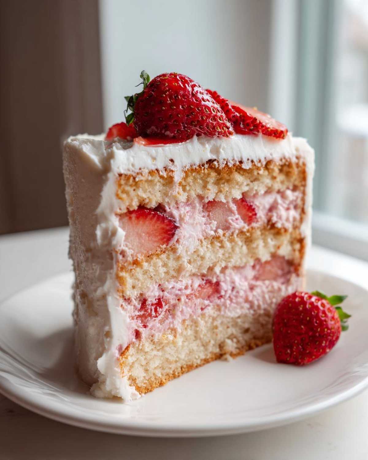 A tall slice of 3-layer strawberry cake with white frosting and fresh strawberries on top and beside it.