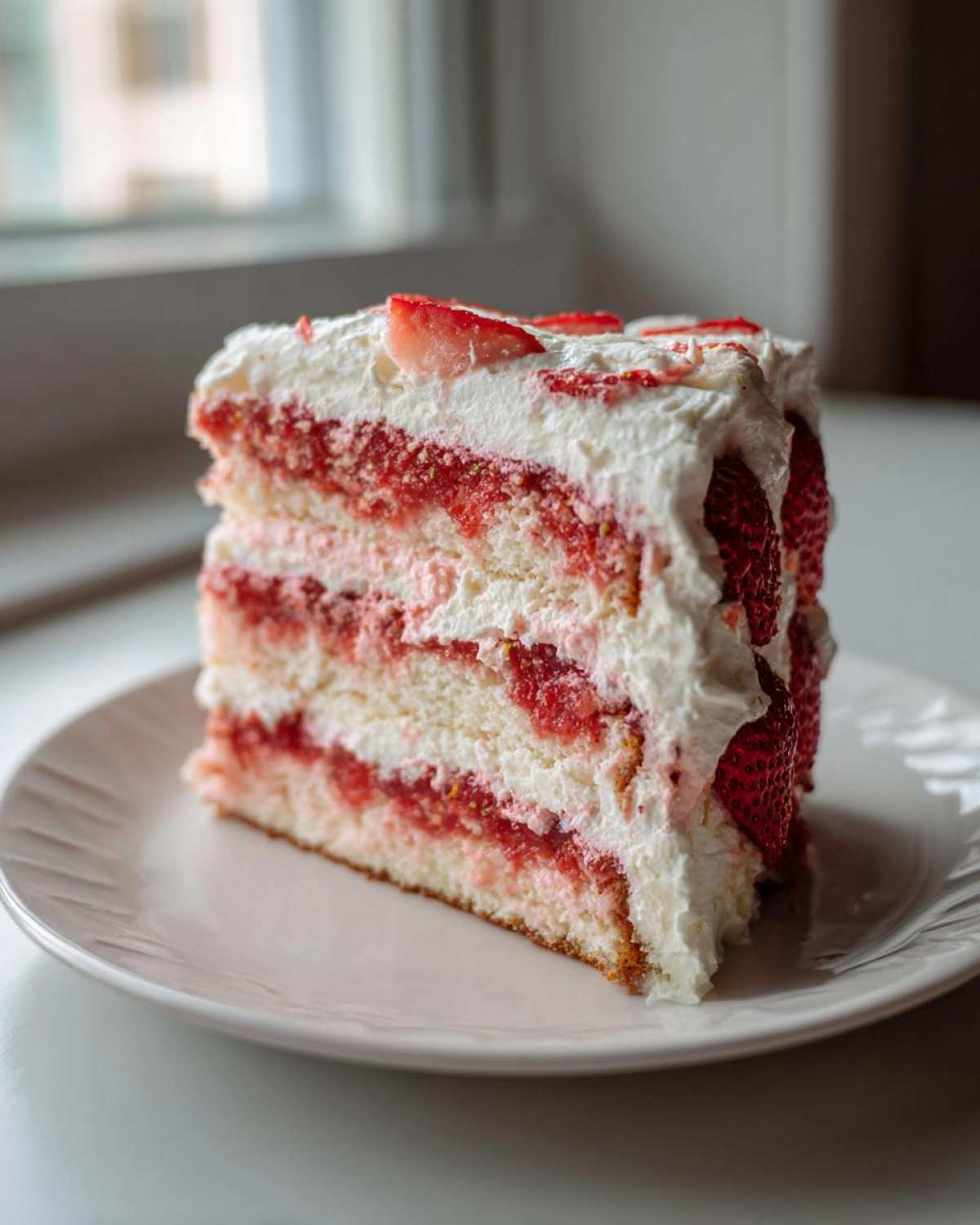 A tall slice of amazing 3-layer strawberry cake with white frosting and fresh strawberries on a white plate.