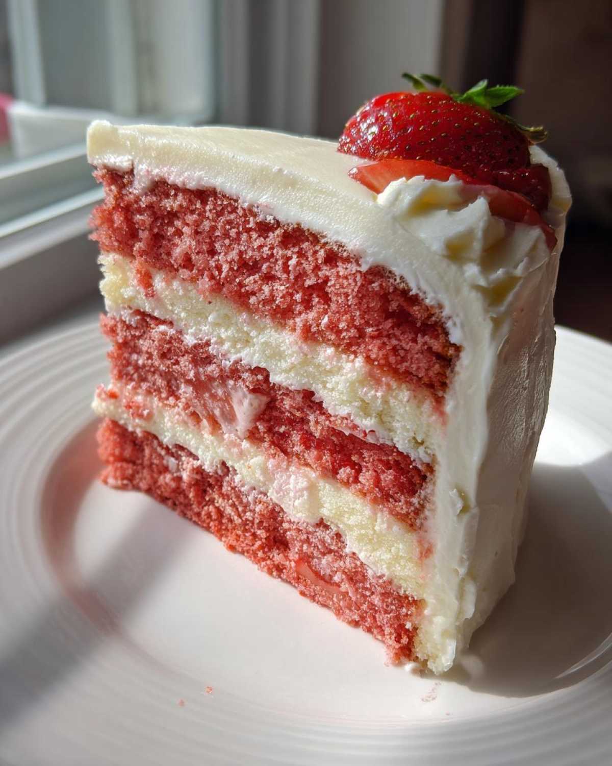 A tall slice of moist, three-layer strawberry cake with white frosting and a fresh strawberry on top.
