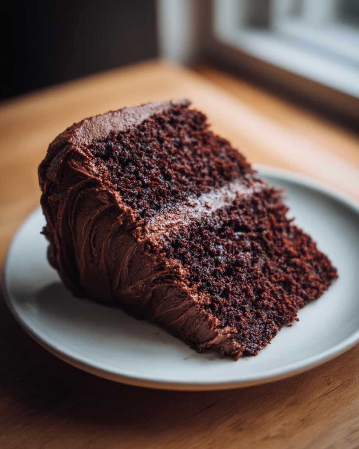 A close-up of a moist slice of dark chocolate cake recipe covered in thick fudge frosting.