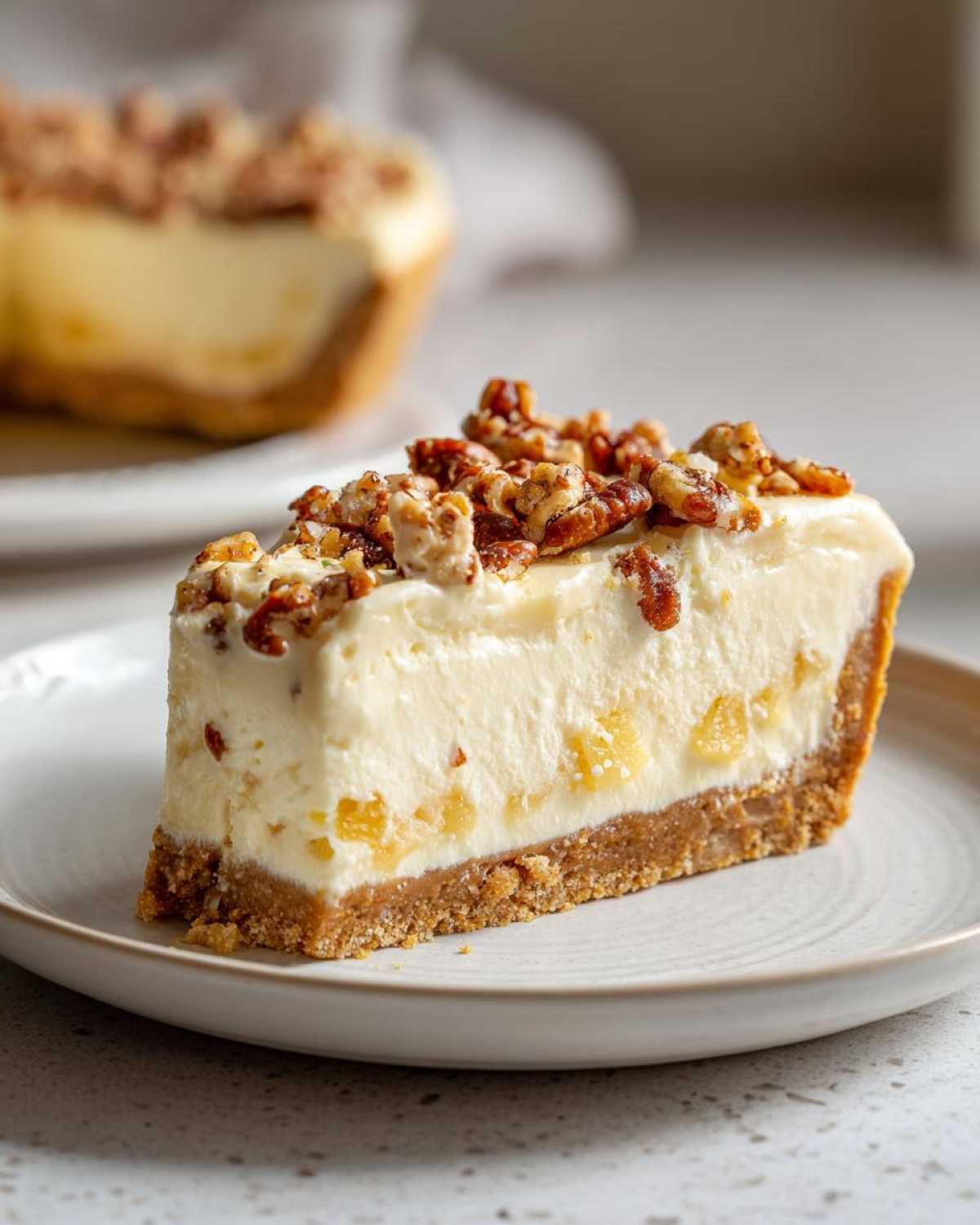 A close-up of a slice of creamy million dollar pie featuring a graham cracker crust and topped with toasted pecans.