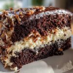 Close-up of a moist slice of german chocolate cake with coconut pecan filling and chocolate frosting.