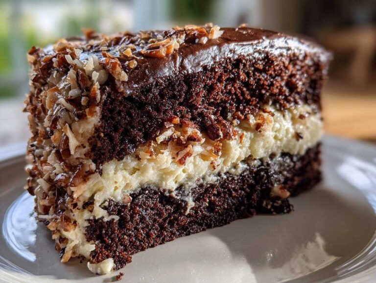 Close-up of a moist slice of german chocolate cake with coconut pecan filling and chocolate frosting.
