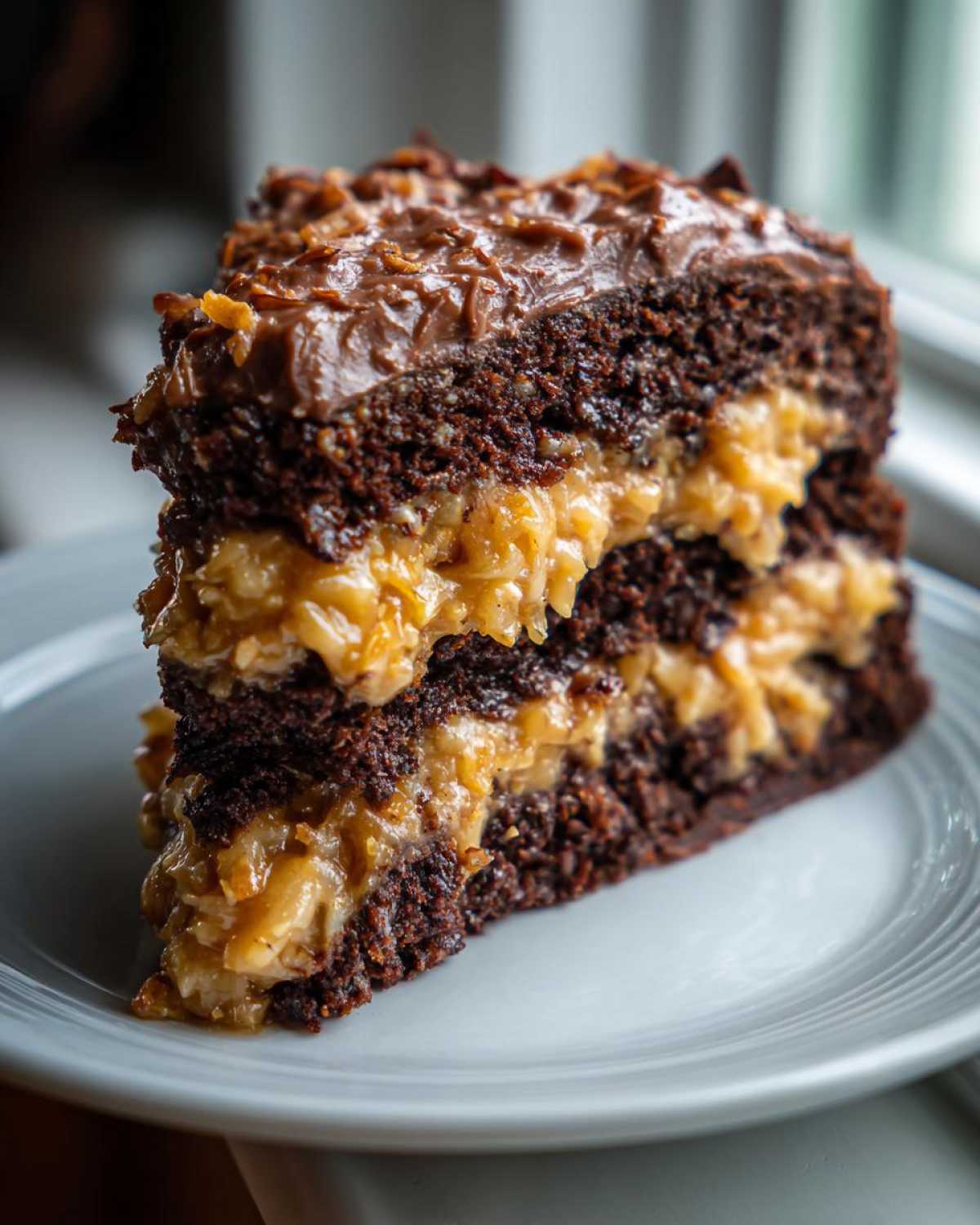 Close-up of a decadent slice of German chocolate cake recipe showing dark layers and thick coconut-pecan filling.