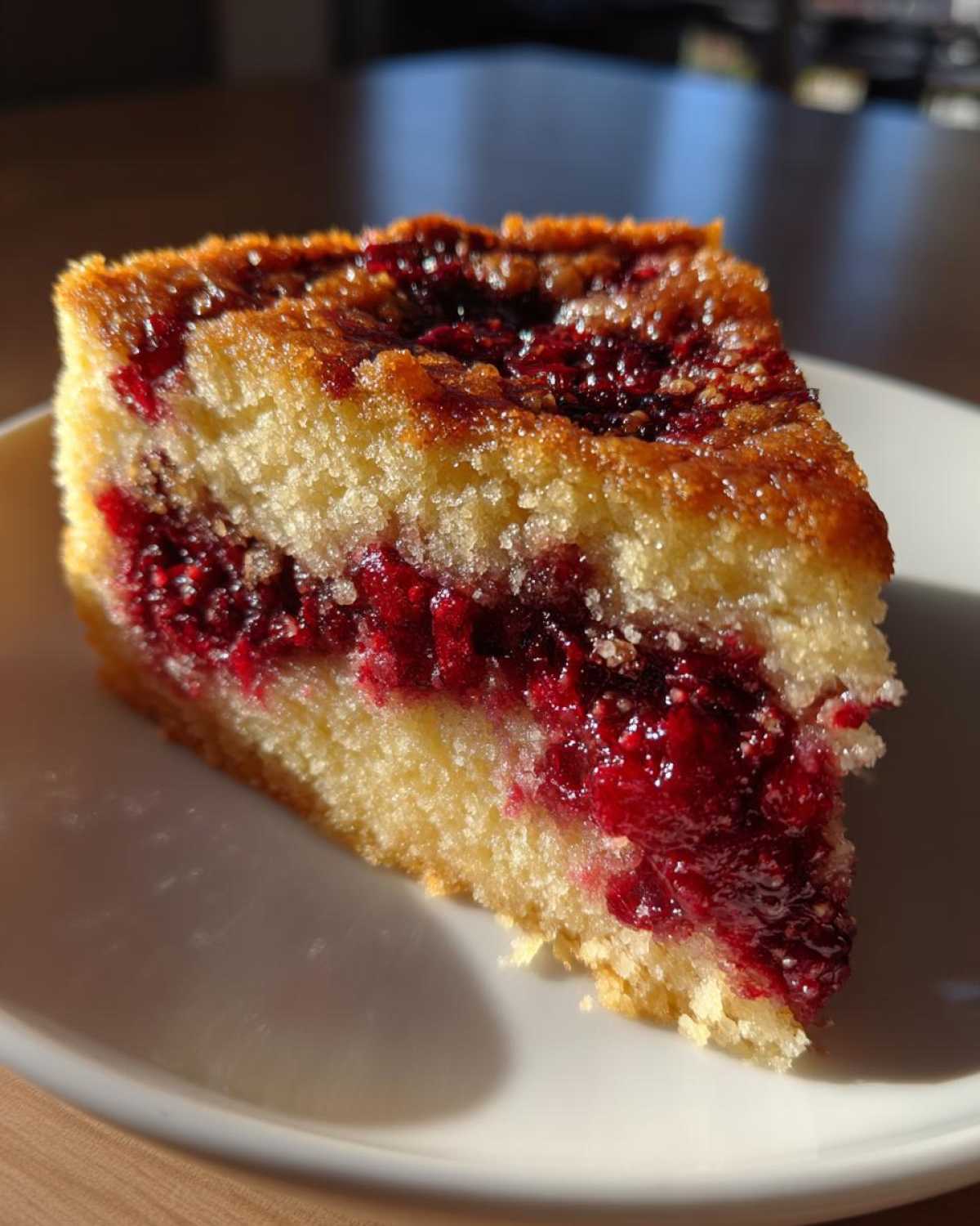 Close-up of a slice of Nantucket cranberry pie showing a thick layer of bright red cranberry filling between two layers of golden cake.