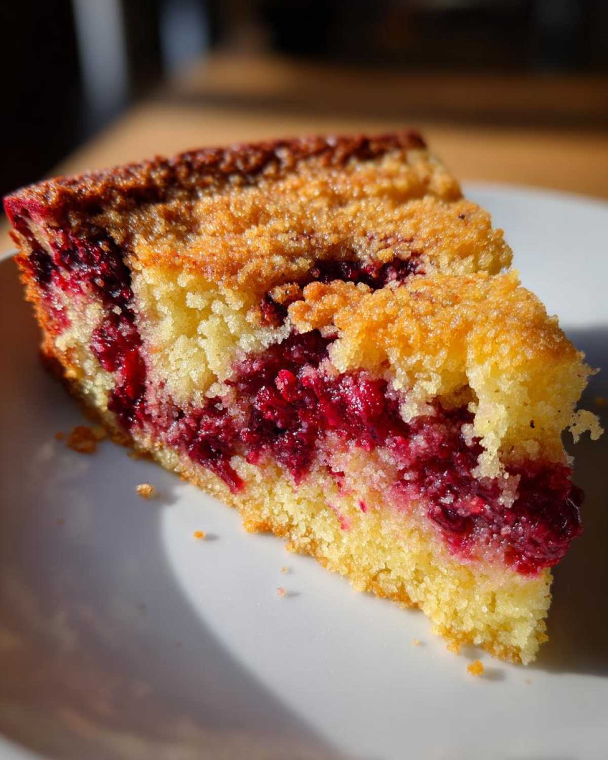 Close-up of a slice of Nantucket cranberry pie showing bright red berry filling and a golden crumb topping.