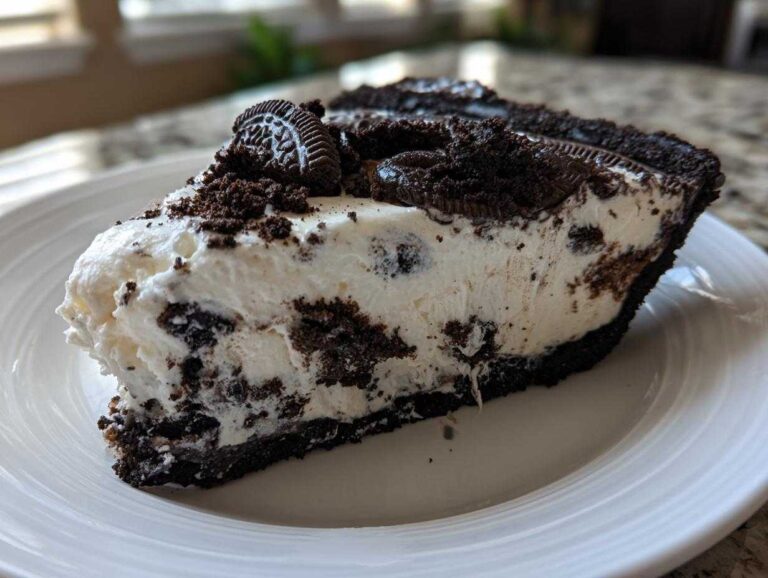 A generous slice of creamy, no-bake Oreo pie featuring a dark crust and white filling mixed with chocolate cookie pieces.