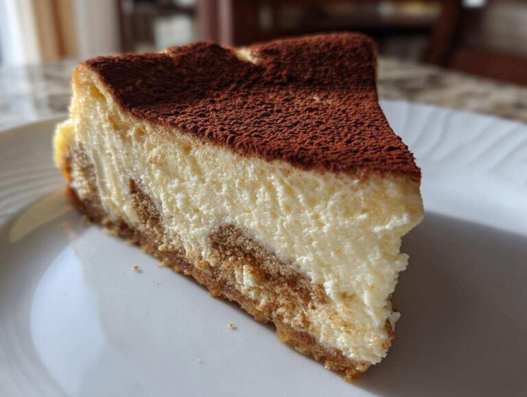 A close-up view of a perfect slice of tiramisu cheesecake, showing the creamy filling and cocoa powder topping.