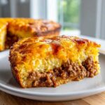 A close-up slice of sloppy joe cornbread casserole showing a layer of seasoned ground beef topped with cornbread and melted cheddar cheese.