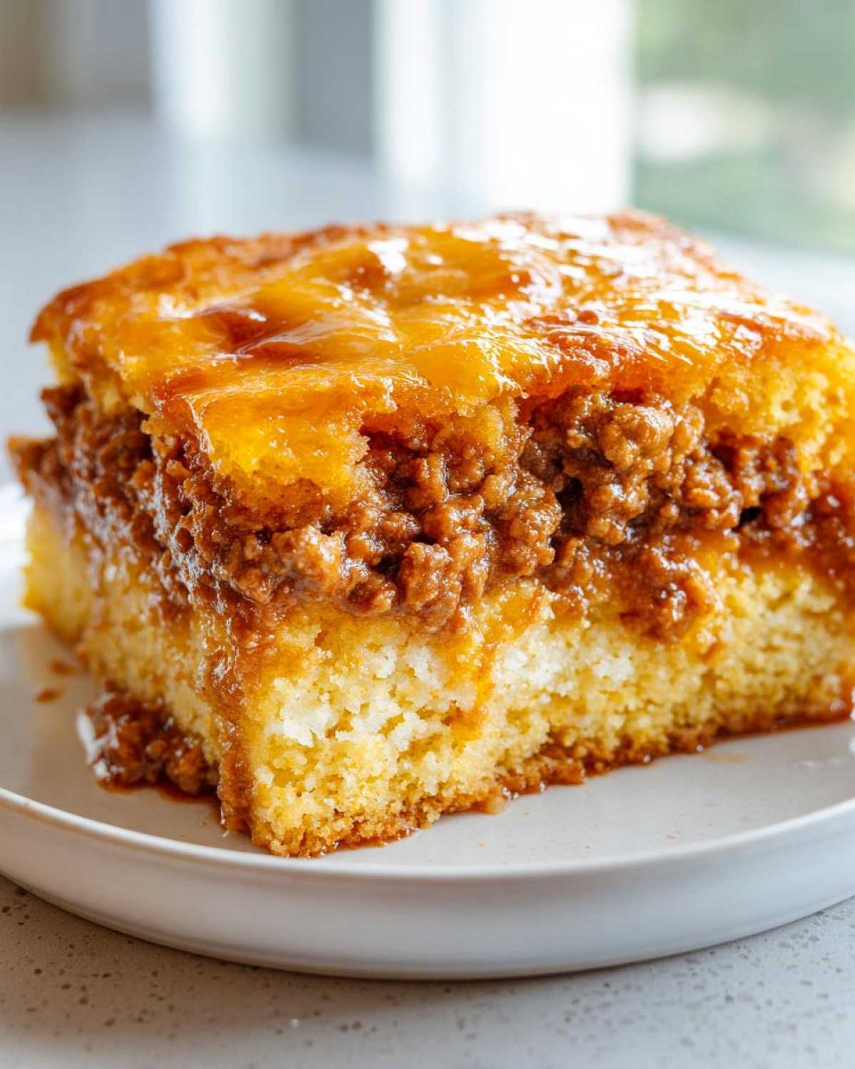 Close-up of a thick slice of sloppy joe cornbread casserole showing the moist cornbread base and savory meat topping.