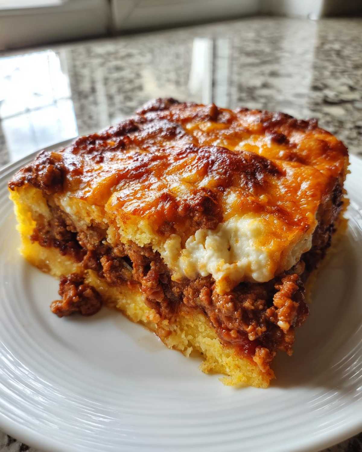 A generous slice of sloppy joe cornbread casserole showing layers of cornbread, meat filling, and melted cheese topping.