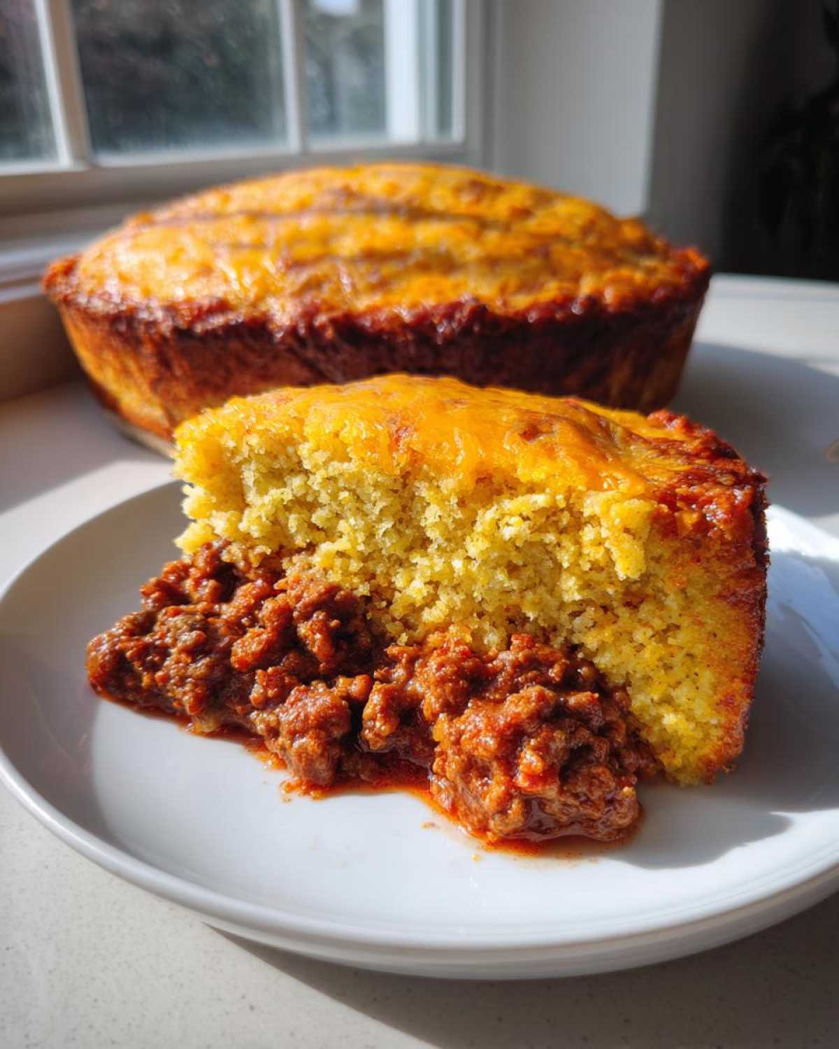 A slice of sloppy joe cornbread casserole showing the thick meat filling under the cheesy cornbread layer.