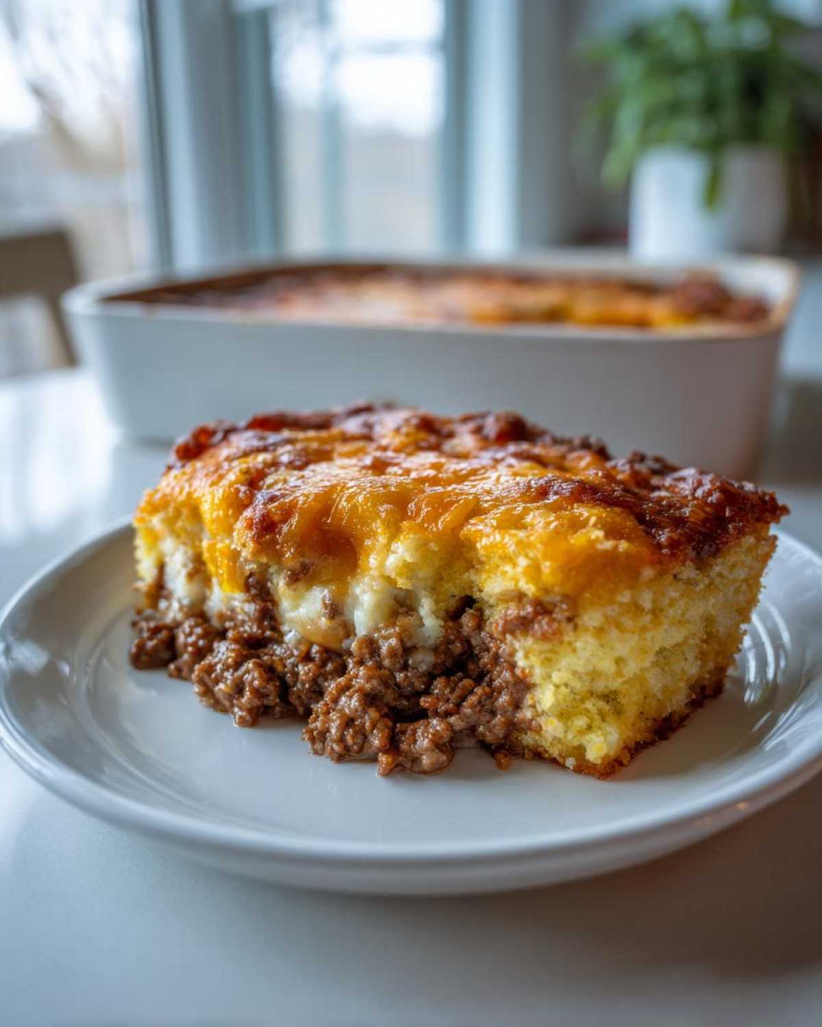 A close-up serving of sloppy joe cornbread casserole showing layers of ground meat, creamy filling, and melted cheese topping.