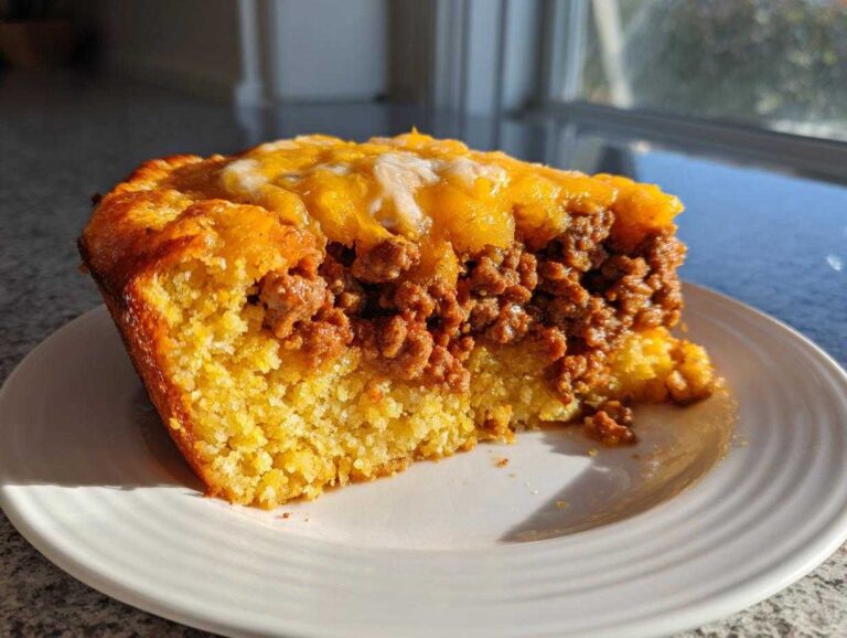 A thick slice of sloppy joe cornbread casserole topped with melted cheddar cheese on a white plate.