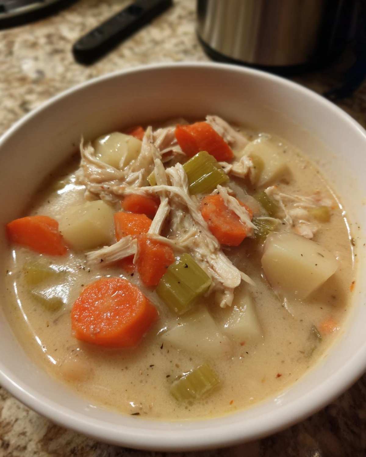 Close-up of a white bowl filled with creamy slow cooker chicken stew, featuring shredded chicken, carrots, celery, and potatoes.