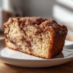 A close-up slice of moist snickerdoodle zucchini bread featuring a cinnamon swirl and sugary topping.