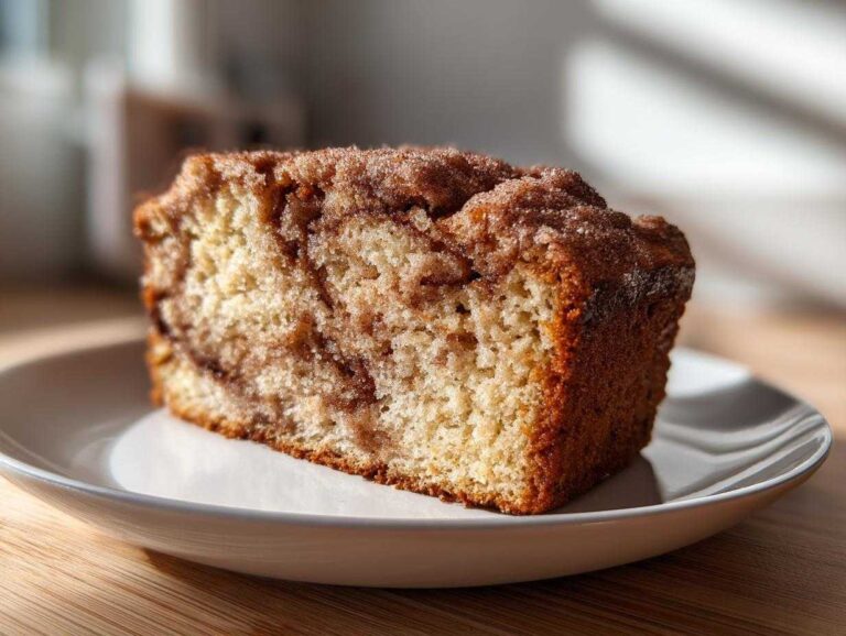 A close-up slice of moist snickerdoodle zucchini bread featuring a cinnamon swirl and sugary topping.