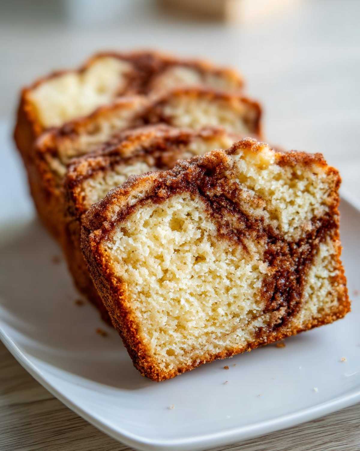 Close-up of thick slices of snickerdoodle zucchini bread showing a moist crumb and cinnamon swirl topping.