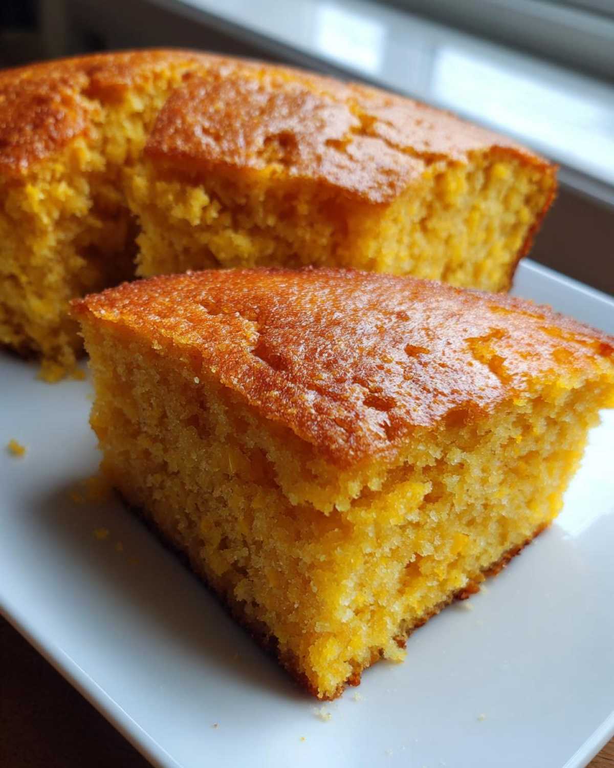 A close-up view of a moist, golden slice of sourdough cornbread resting on a white plate.
