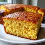 A close-up of a moist, golden slice of sourdough cornbread resting on a white plate.