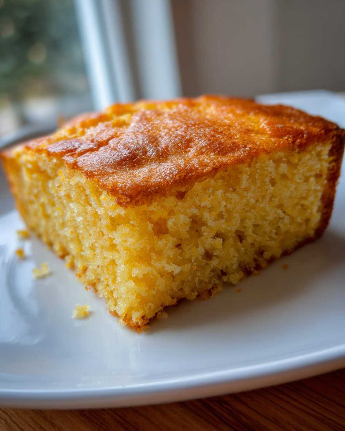 A close-up, appetizing slice of golden yellow sourdough cornbread resting on a white plate.