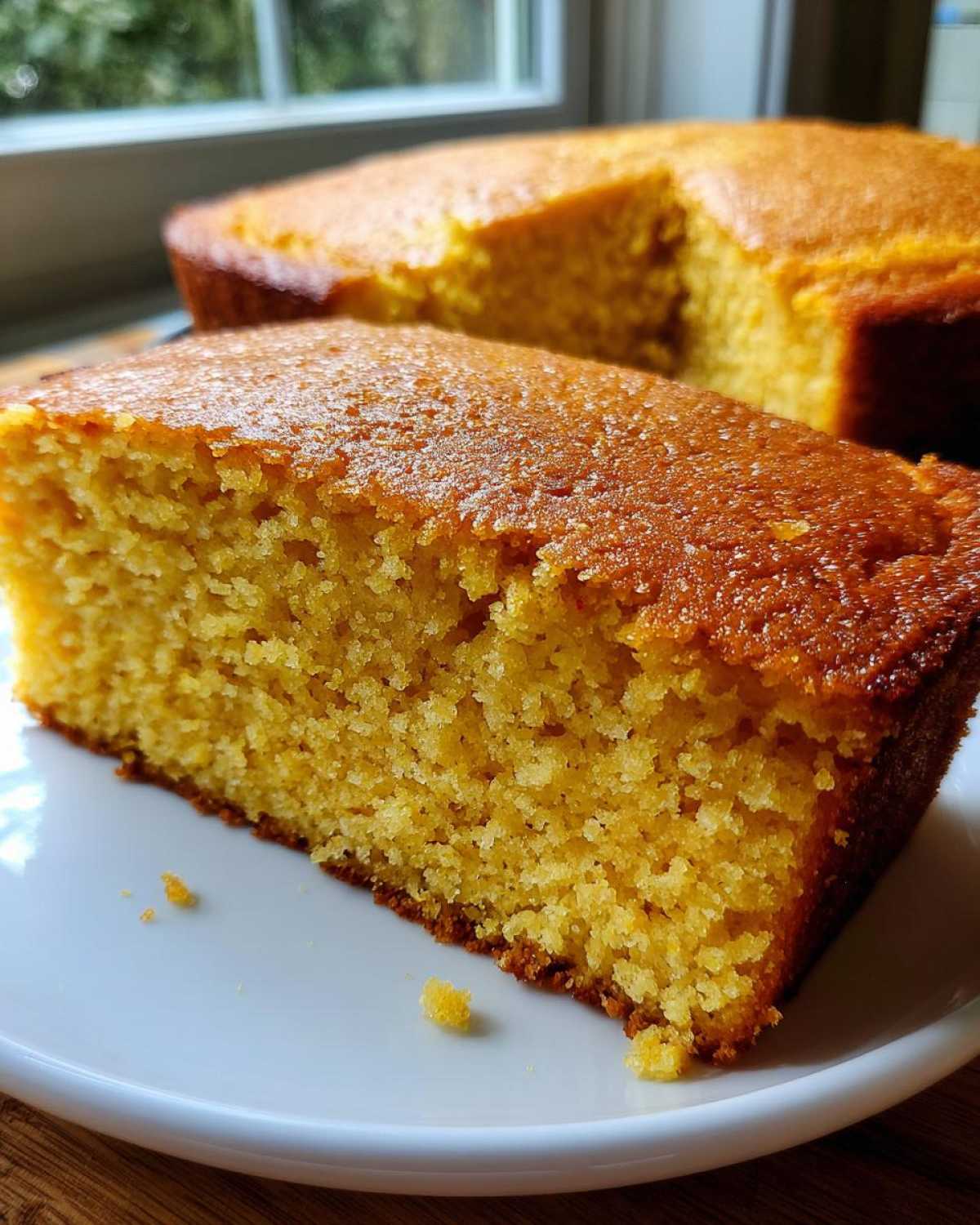 Close-up of a thick slice of golden sourdough cornbread resting on a white plate, with the rest of the loaf blurred in the background.