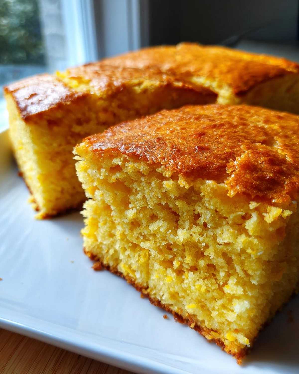 Close-up of two slices of golden brown sourdough cornbread showing a moist, crumbly texture.