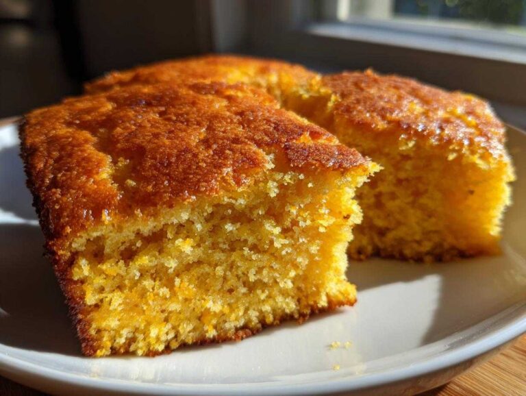 Close-up of two golden-brown slices of moist sourdough cornbread served on a white plate.