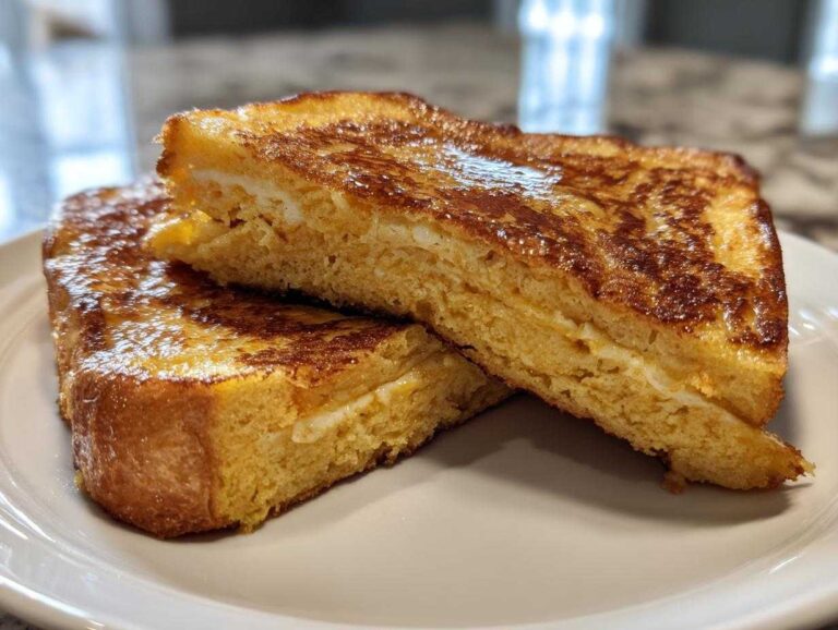 Two thick slices of golden brown sourdough french toast stacked slightly on a white plate.