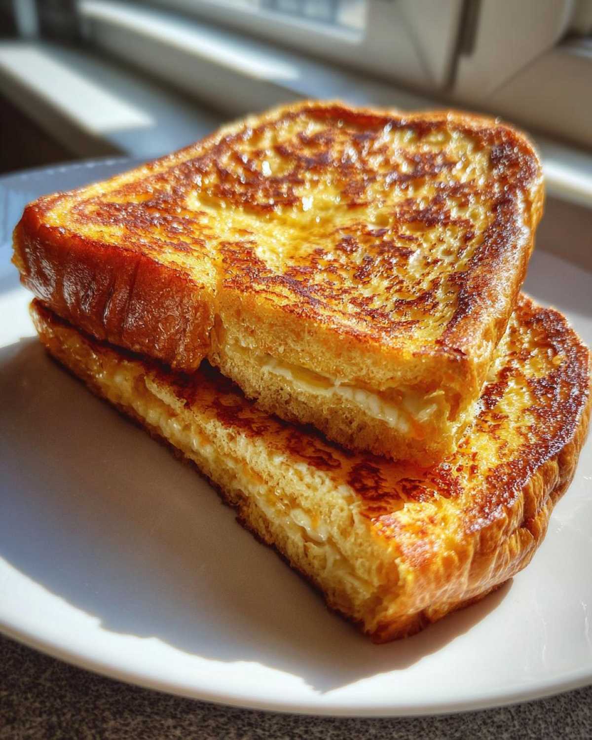 Two slices of golden brown sourdough french toast, stacked and showing a creamy filling, illuminated by sunlight.