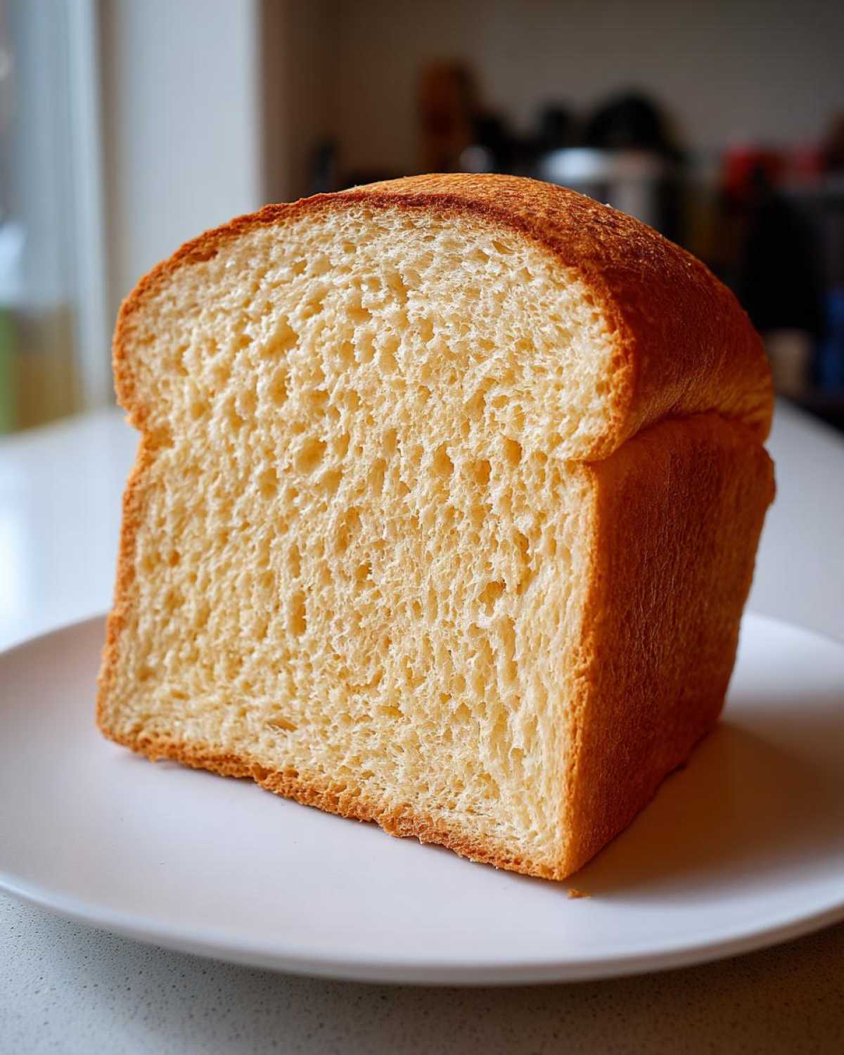 Close-up of a freshly baked loaf of sourdough sandwich bread, showing a soft, even crumb structure.